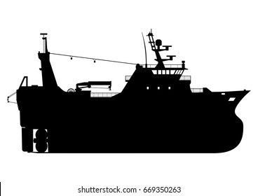 Silhouette of a fishing trawler. Side view. Flat vector.