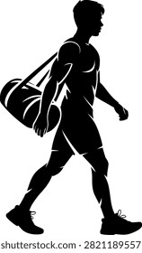 Silhouette of a fit man walking to the gym with a sports bag on his shoulder