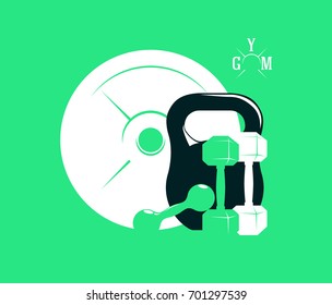 Silhouette of fitness elements, gym background, vector illustration