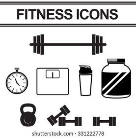 Silhouette fitness and exercise tool such as dumbbell, stop watch, weight collection icon set, create by vector

