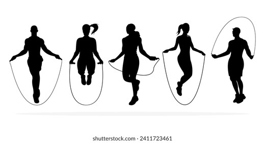 silueta de hombre de fitness y mujer saltando cuerda. ilustración vectorial, aislamiento de fondo blanco