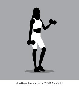 Silhouette of fitness women in sportswear standing and doing a workout with the dumbbells. Workout and sports training concept. Vector illustration