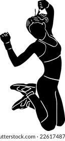 silhouette of fitt woman jumping in air, black and whit illustration of yong fit girl jumping in air in gym, aerobics girl silhouette symbol