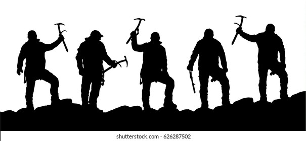 silhouette of five climbers with ice axe in hand, black and white mountain vector illustration logo