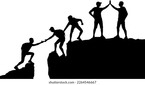 Silhouette of five climbers who climbed to the top of the mountain, working as a team. Conceptual business scene of teamwork and success. Vector Silhouette