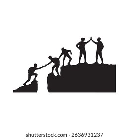 Silhouette of five climbers who climbed to the top