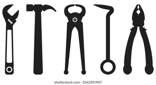 Silhouette of Five Common Hand Tools for Utility.