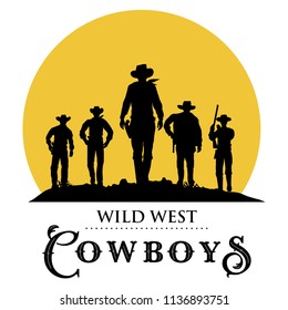 Silhouette of five cowboys walking forward, Vintage sign