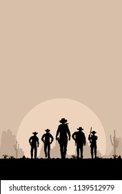 Silhouette of five cowboys walking forward