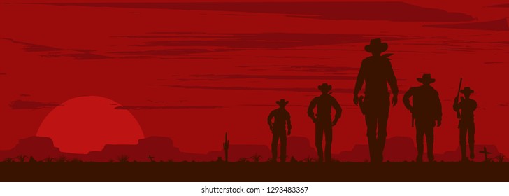 Silhouette Of Five Cowboys Walking Forward Banner