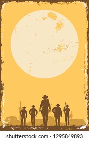 Silhouette of five cowboys walking forward at sunset on a tin sign, vector