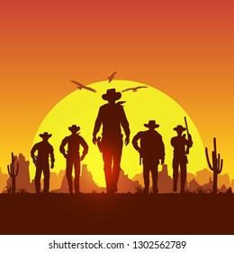 Silhouette of five cowboys walking forward banner