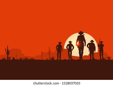 Silhouette Of Five Cowboys Walking Forward Banner