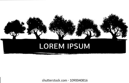 Silhouette of five deciduous oak or willow trees with a multitude of brittle branches with a thick trunk and a lush crown. Hand drawn vector illustration with space for headline.