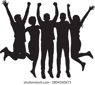 A silhouette of five excited individuals leaping high in unison, symbolizing teamwork, achievement, unity, and shared moments of victory.
