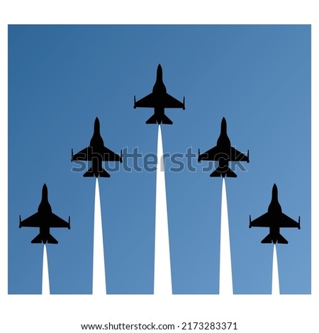 silhouette of five fighter jets flying sky blue background vector