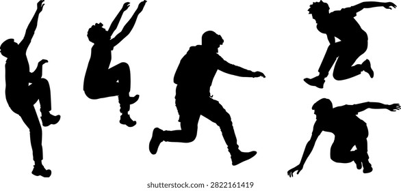 Silhouette of Five Guys Doing Insane Parkour Climbing and Jumping