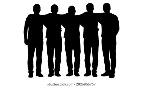 Silhouette of five men standing side by side, symbolizing unity, teamwork, friendship, or collaboration in a monochrome style.