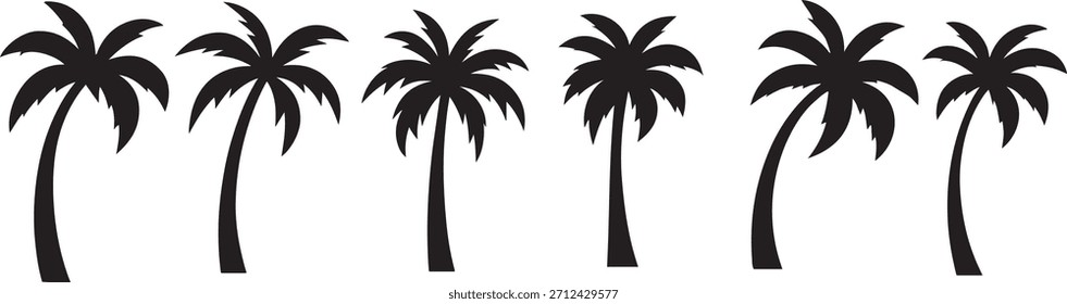 Una silueta de cinco palmeras en fila sobre un fondo blanco, evocando un entorno tropical o de playa.