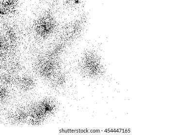 Silhouette of flakes spread on the flat surface. Top view of dust, sand blow or crumbs. Abstract grainy texture isolated on white background.