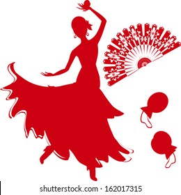 Silhouette of flamenco dancer with fan and castanets