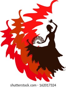 Silhouette of flamenco dancer with fan and castanets