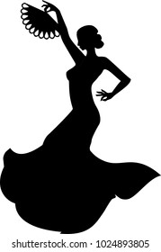 Silhouette of flamenco dancer with fan in her raised hand