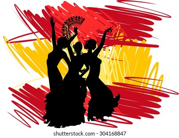 Silhouette flamenco dancer over Spanish Flag Background