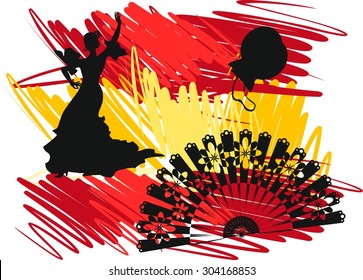 Silhouette Flamenco Dancer Over Spanish Flag Background