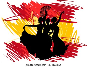 Silhouette flamenco dancer over Spanish Flag Background