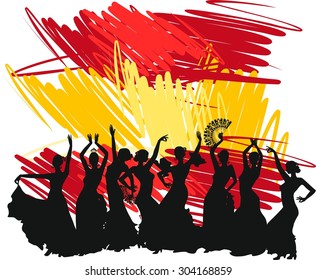 Silhouette flamenco dancer over Spanish Flag Background