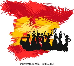 Silhouette flamenco dancer over Spanish Flag map Background