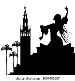 Silhouette of flamenco dancer, palms and monuments in Seville. (The Giralda)