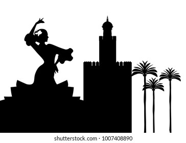 Silhouette of flamenco dancer, palms and monuments in Seville. (The Gold Tower)