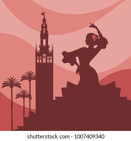 Silhouette Of Flamenco Dancer, Palms And Monuments In Seville. (The Giralda)