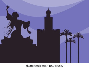 Silhouette of flamenco dancer, palms and monuments in Seville. (The Gold Tower)