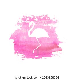 Silhouette of flamingo on pink watercolor hand drawn spot. Tropical exotic bird flamingo isolated on spot background. Watercolour hand drawn illustration. Print for design, wrapping, cards, textile.