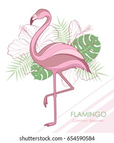 Silhouette of flamingos. Vector illustration. Vector. Flamingos and tropical plants.