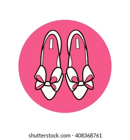 Silhouette flat cartoon line art women's female high heel shoes with bows on pink circle isolated on white background/ fashion icon shoes vector eps 8