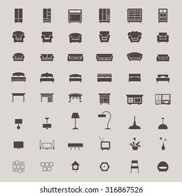 Silhouette flat home appliance furniture and interior decoration icon such as sofa chair table air condition heater lamp clock closet drawer shelf cupboard home theater television and bed set (vector)