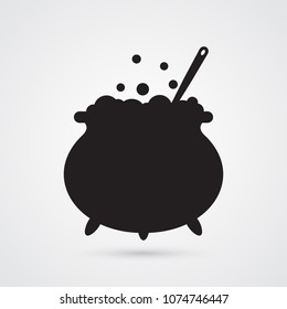 Silhouette flat icon, simple vector design. Cartoon witches cauldron with potion, bubbles and spoon for illustration of magic, witchcraft, boiling potions. Symbol of Halloween.