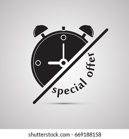 Silhouette flat icon, simple vector design with shadow. Alarm clock illustration. Device to display time and time limit. Symbol of special offer and percent