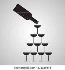 Silhouette flat icon, simple vector design. Bottle with Glass of champagne tower. for illustration of alcoholic drinks, sparkling wine and celebration. Symbol of toast and alcohol glass pyramid