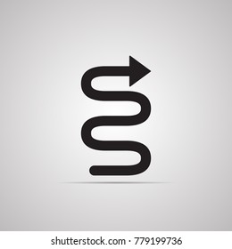 Silhouette flat icon, simple vector design with shadow. Arrow pointer in form of curved snake, spiral for illustration of path, trajectory, route, dynamic and direction.