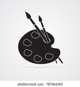 Silhouette flat icon, simple vector design. Artist's palette with paints, 2 brushes for illustration of painting art, painting materials and  school supplies. Symbol of creation and painting lessons 