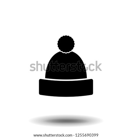 Silhouette flat icon, simple vector design with shadow. Symbol of winter hat with pompon for holidays decoration, illustration clothes and accessory