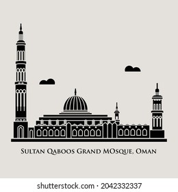 Silhouette flat icon vector illustration of a historic building mosque, Simple outline icon design cartoon landmark for praying vacation travel tourist attractions. Sultan Qaboos Mosque , Oman