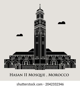 Silhouette flat icon vector illustration of a historic building mosque, Simple outline icon design cartoon landmark for praying vacation travel tourist attractions. Hasan II Mosque , Maroko 