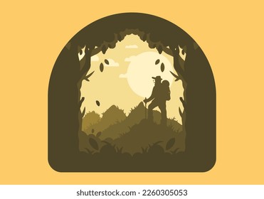silhouette flat illustration design of a mountain climber standing on top of a hill