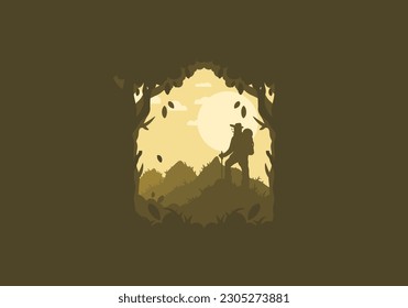 silhouette flat illustration design of a mountain climber standing on top of a hill